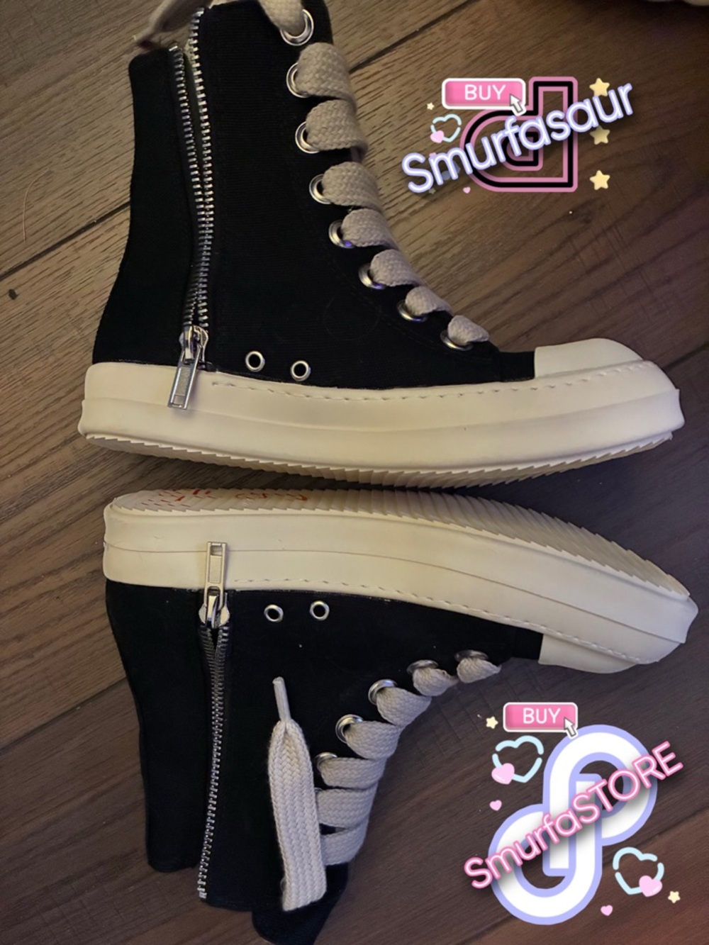Rick Owens black and white high top sneakers
